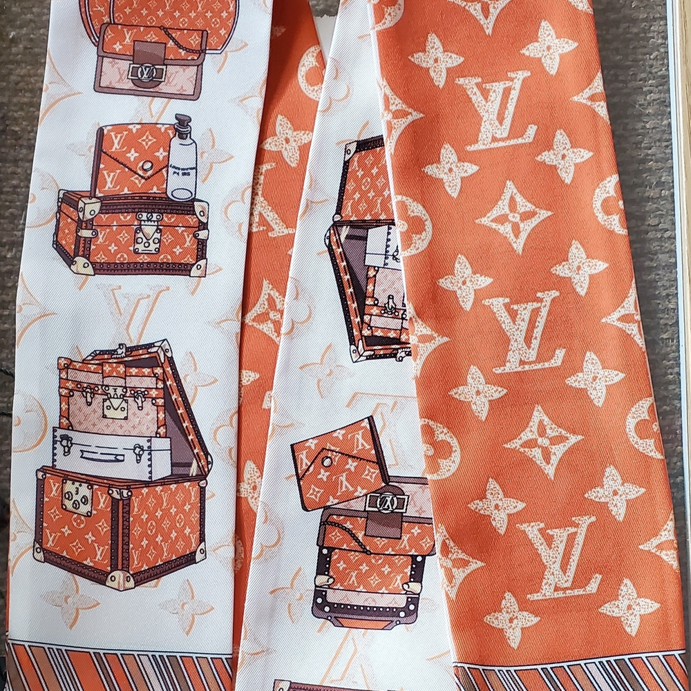 Fashion Accessory,100%Silk Twilly, Scarf, Orange and White Silk Scarf